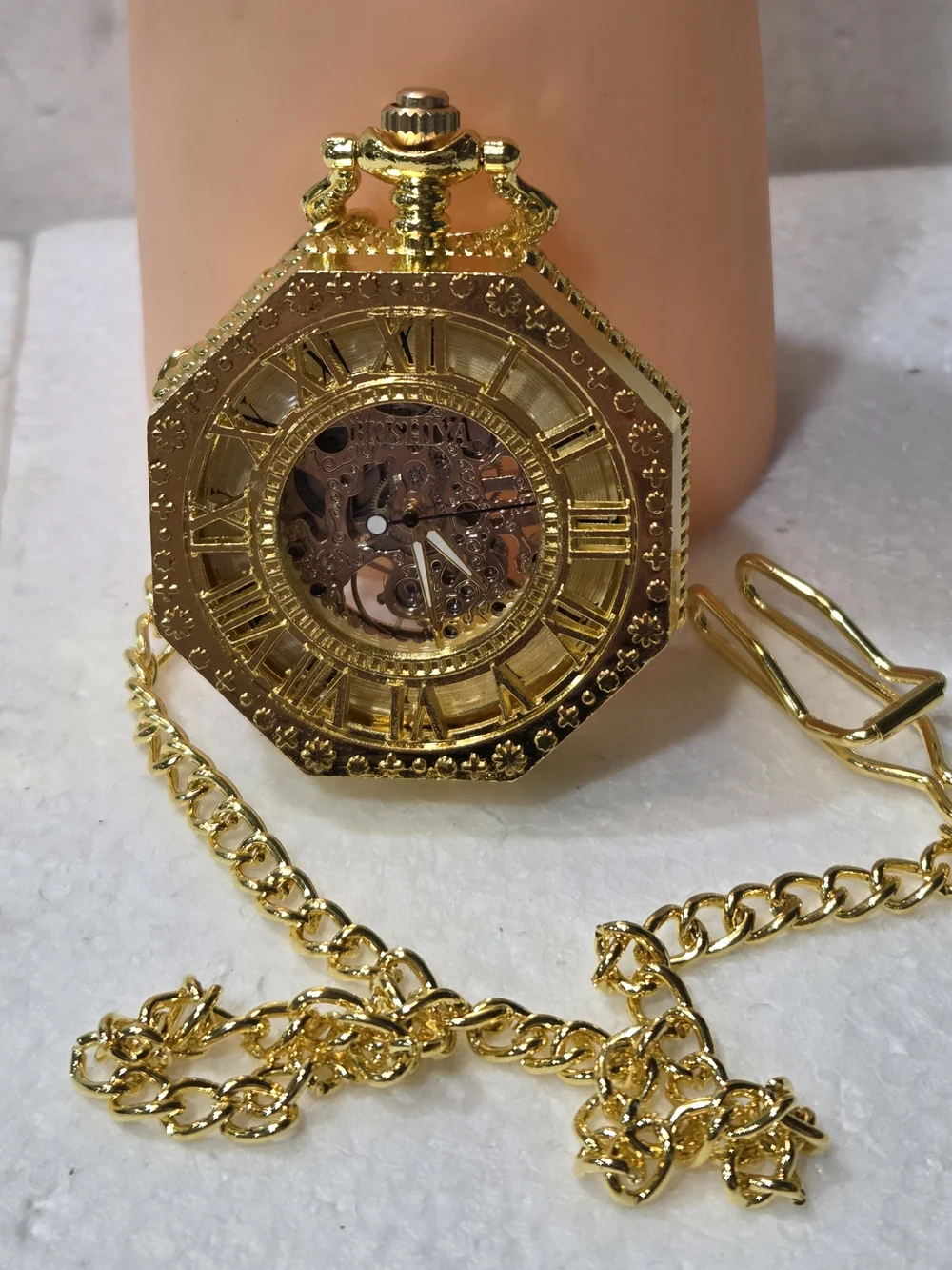 HEXAGONAL MECHANICAL POCJET WATCHROMAN DIAL SKELETON GOLD STEMPUNK FOB CHAIN